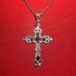 Silver Cross Necklace with Black Gem Accent